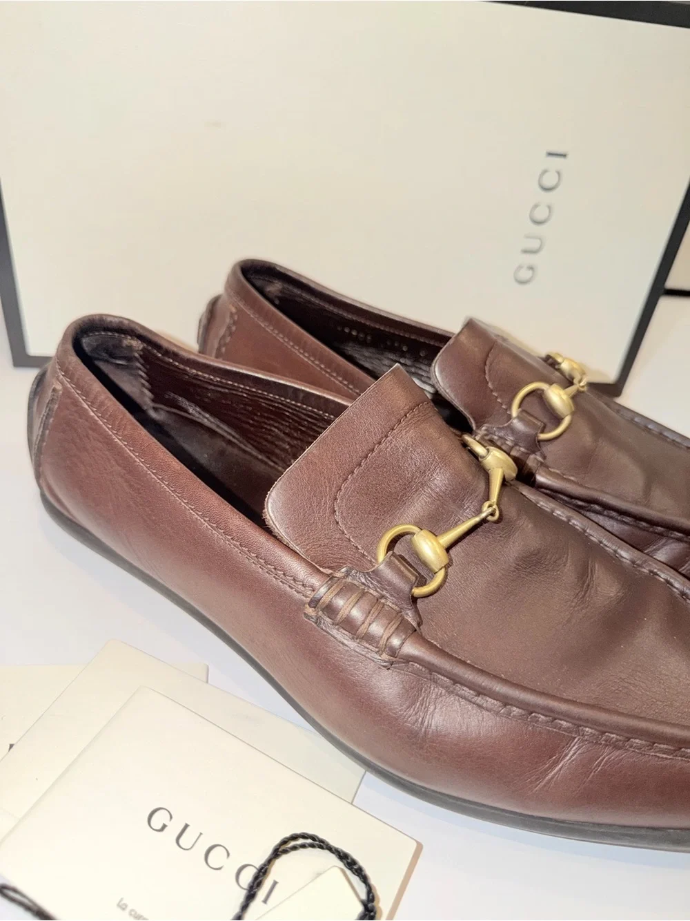 In Box Gucci Brown Leather Horsebit Slip-On Loafers, Sz 11 1/2